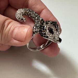 Rhinestone Silver and Black Fox Raccoon Ring Size 6.5-7 nwob
